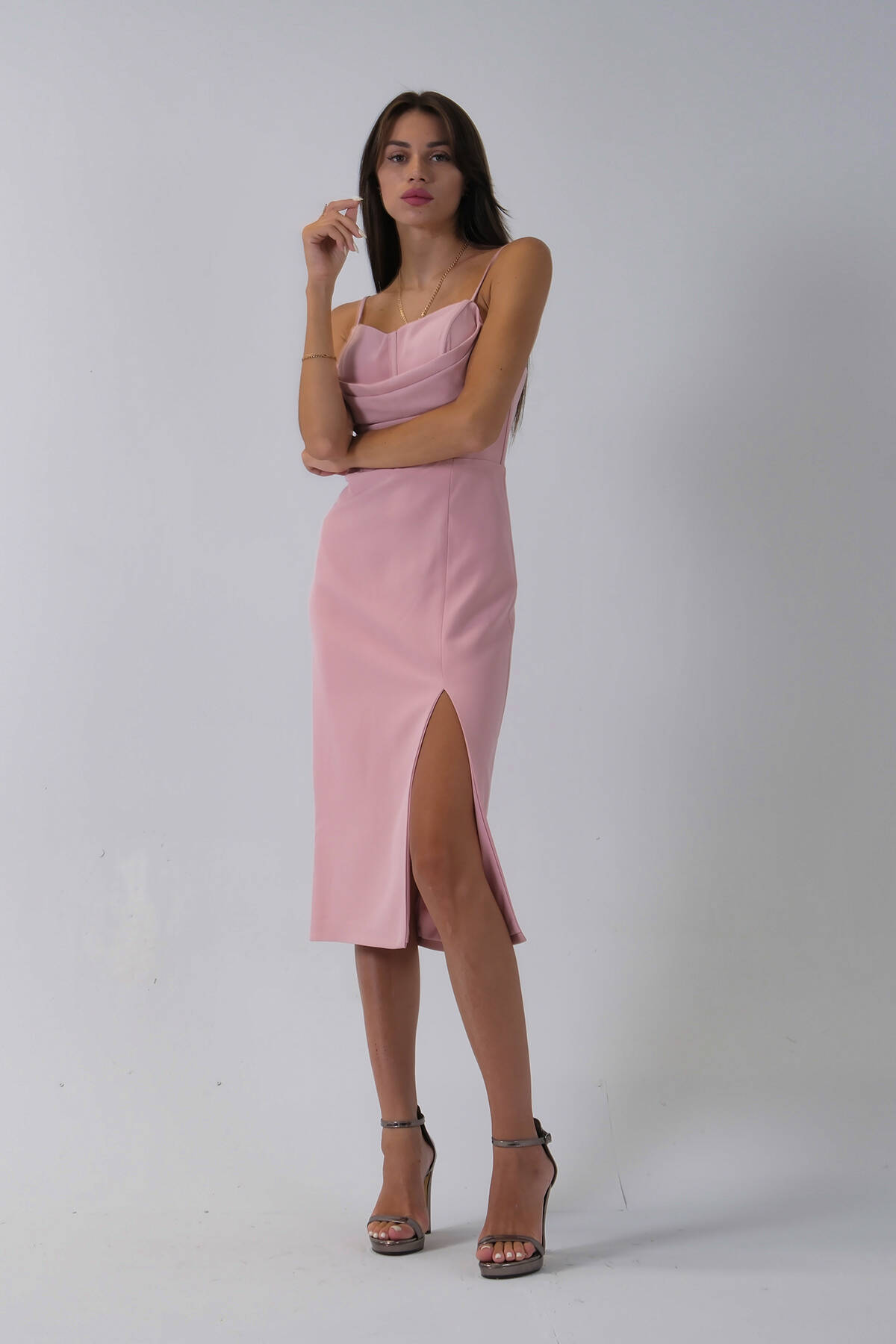 Pudra İp Askılı Yırtmaç Detaylı Midi Boy Abiye 0801078.79 Pudra