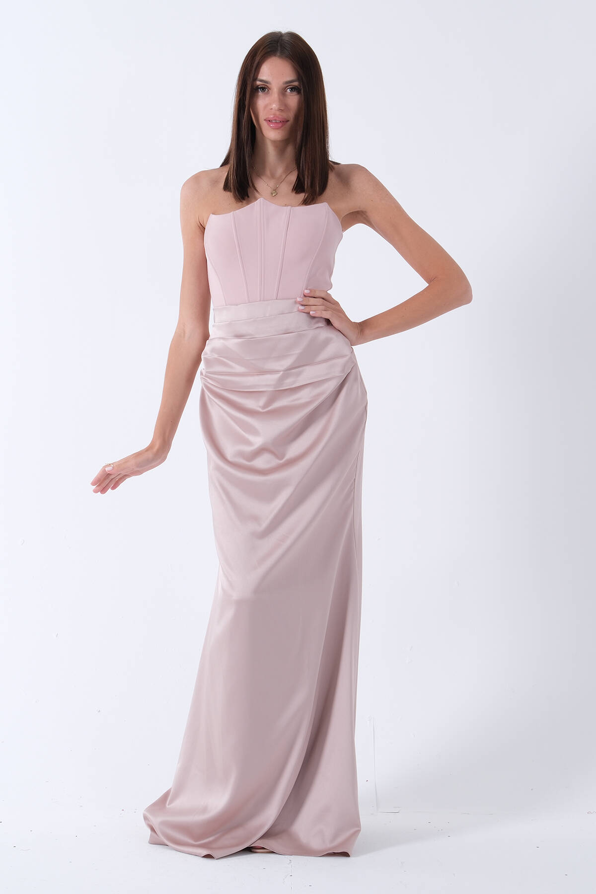 Pudra Önü Drape Detaylı Straplez Abiye 9705744.79 