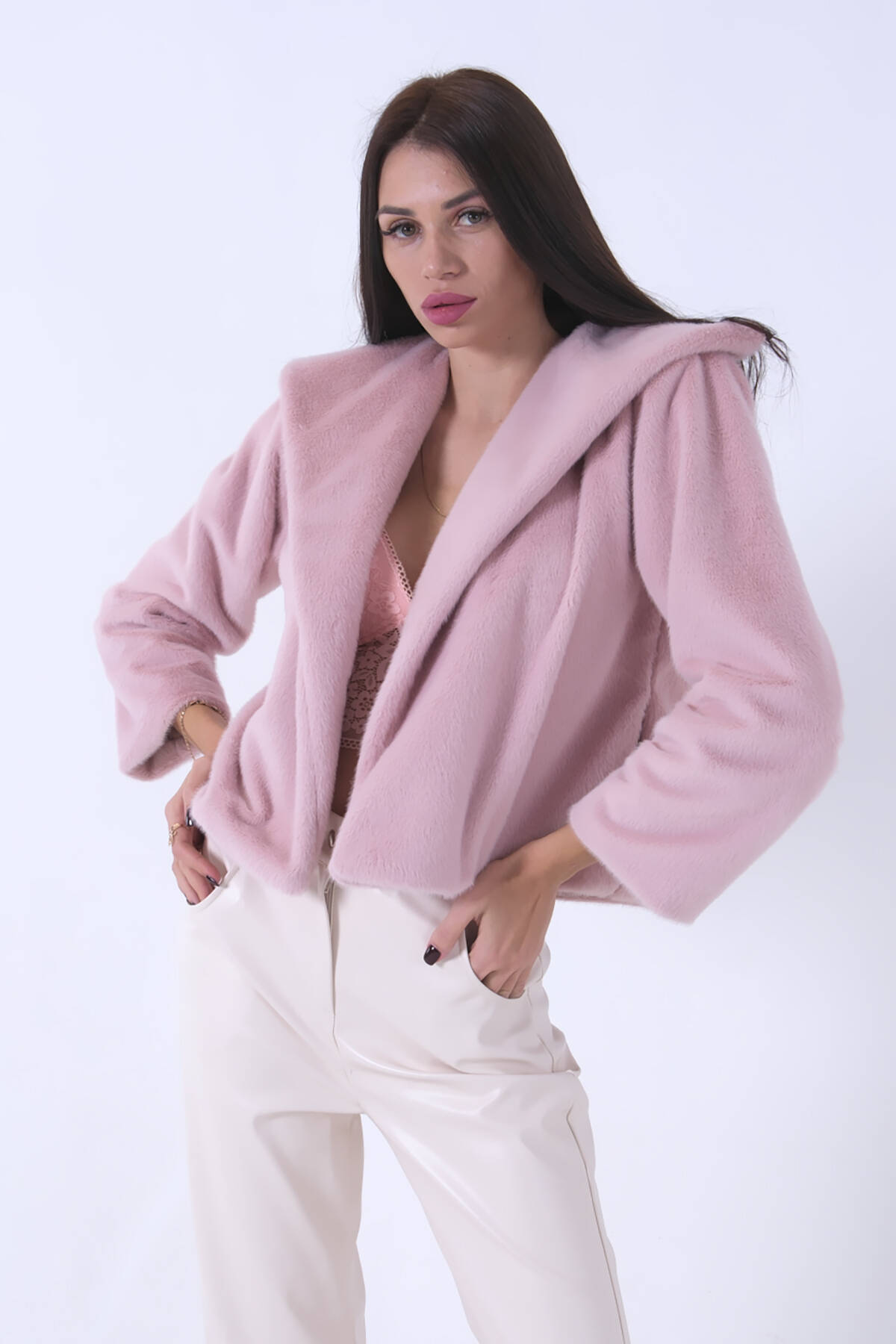 Pudra Peluş Şal Yaka Kapamasız Ceket 0105139.79 
