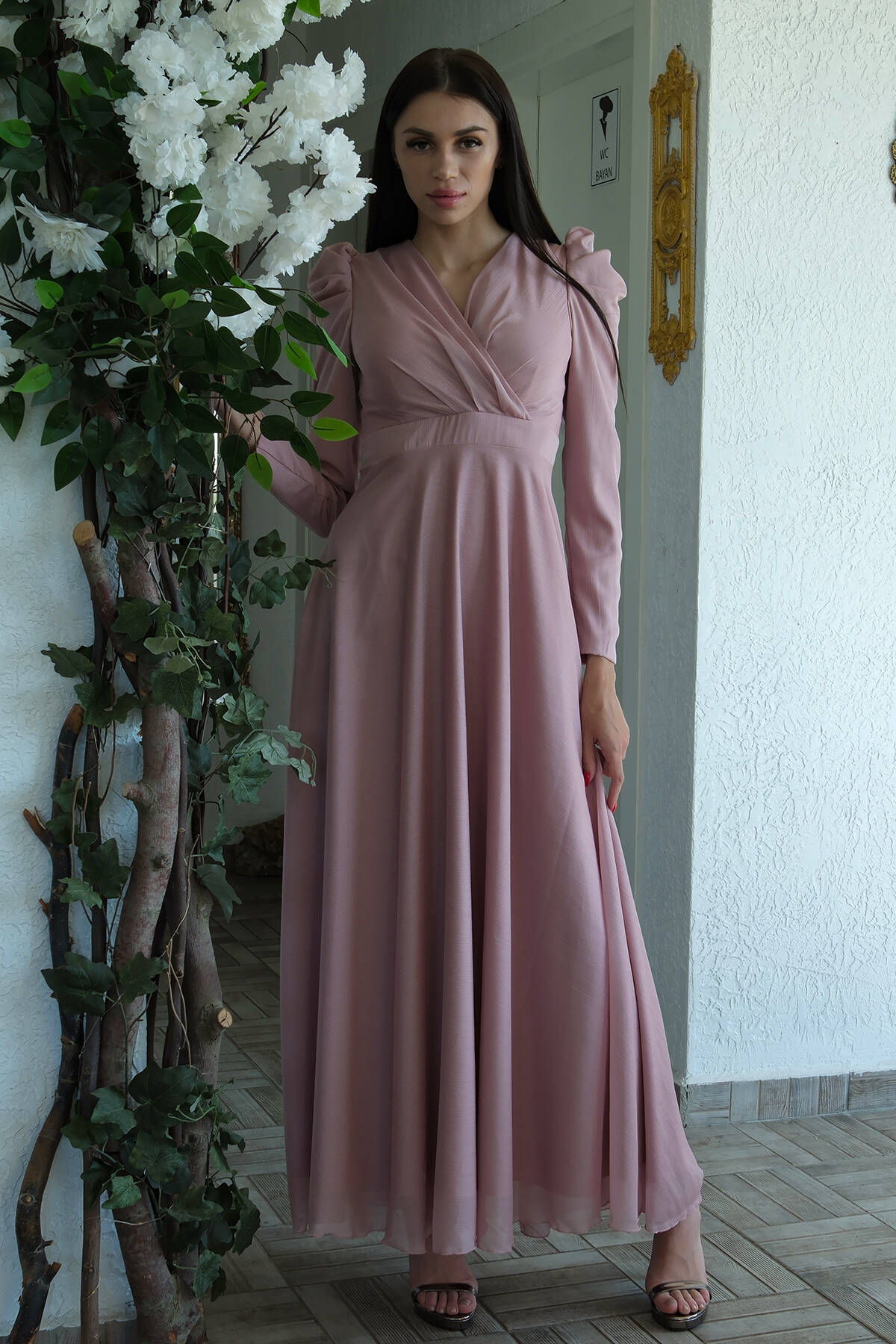 Pudra V Yaka Parıltılı Uzun Kollu Abiye 6502514.79 Pudra