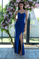 Saks Askılı Yırtmaç Detaylı Drapeli Abiye 9705289.26 Saks