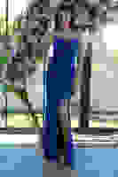 Saks Askılı Yırtmaç Detaylı Drapeli Abiye 9705289.26 Saks