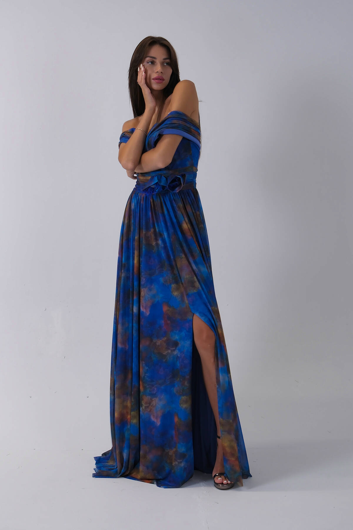 Saks Beli Çiçek Detaylı Desenli Şifon Abiye 0801102.26 Saks