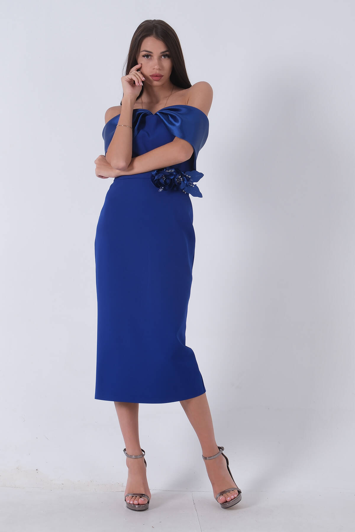 Saks Çiçek Detaylı Midi Boy Abiye Elbise 9705244.26