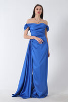 Saks Drape Detaylı Saten Kumaş Abiye Elbise 9704858.26 