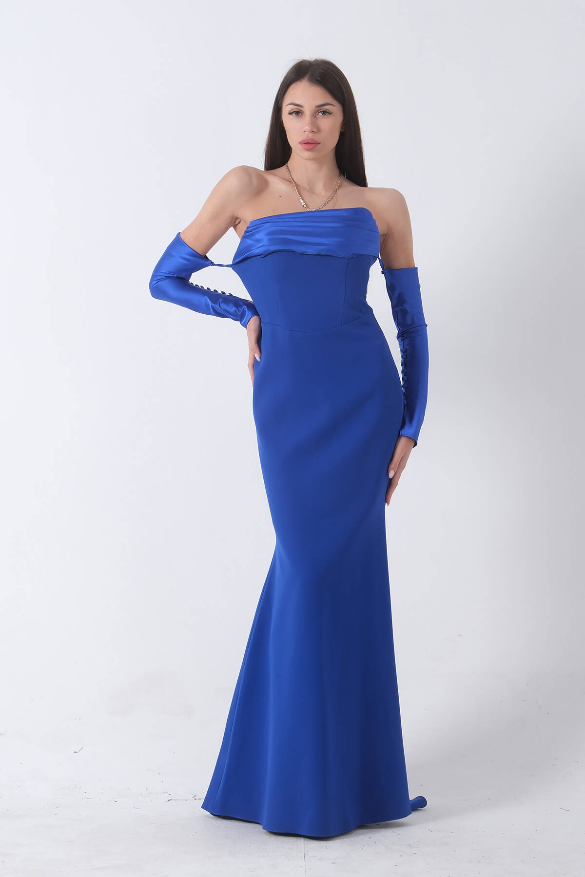 Saks Drapeli Düğme Detaylı Uzun Abiye 9705361.26 