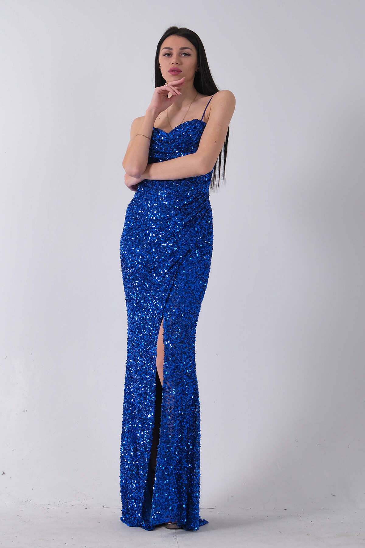 Saks Drapeli Parlak Pul Payetli Askılı Abiye 9705539.26