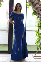 Saks Fiyonk Detaylı Straplez Taş İşlemeli Abiye 9705564.26 Saks
