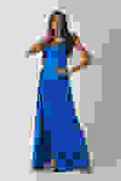 Saks Gümüş Askı Detaylı Yırtmaçlı Straplez Abiye 0801023.26 Saks