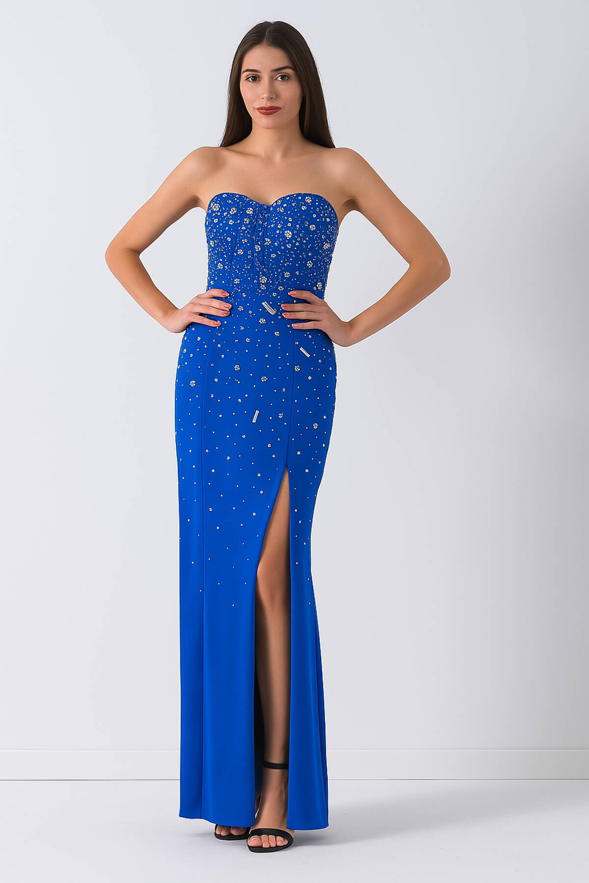 Saks Kadın Straplez Taş Detaylı Yırtmaçlı Abiye Elbise 0801045.26 Saks