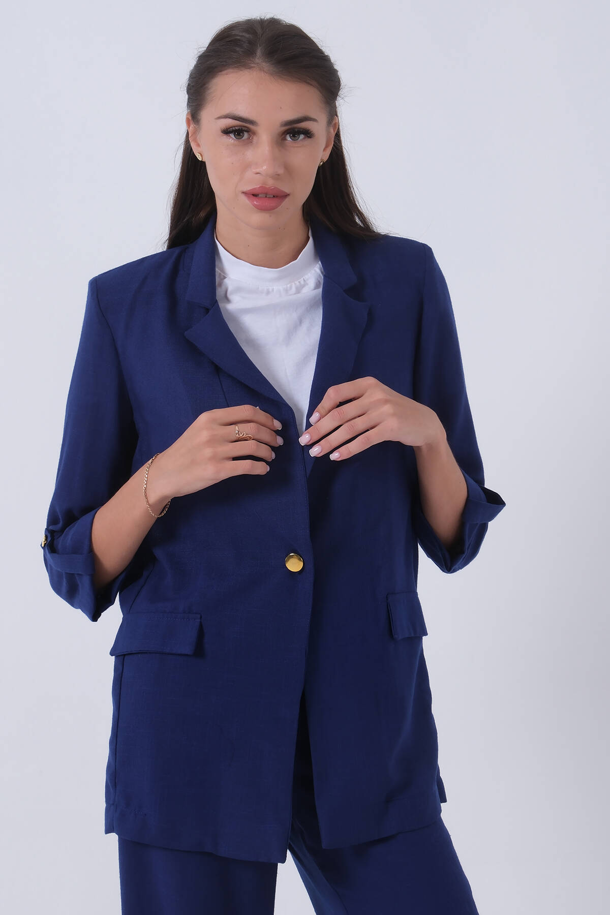 Saks Kolları Düğme Toparlamalı Keten Ceket 01051361.26 