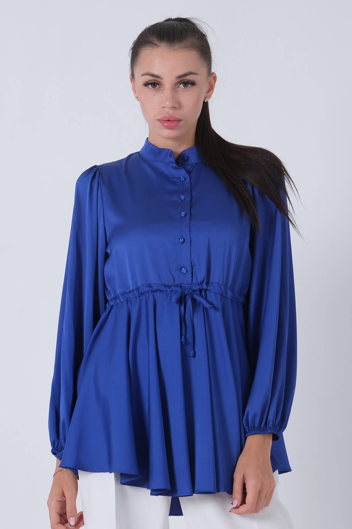 Saks Kolu Lastikli Belden Bağlamalı Saten Tunik 44510418.26 