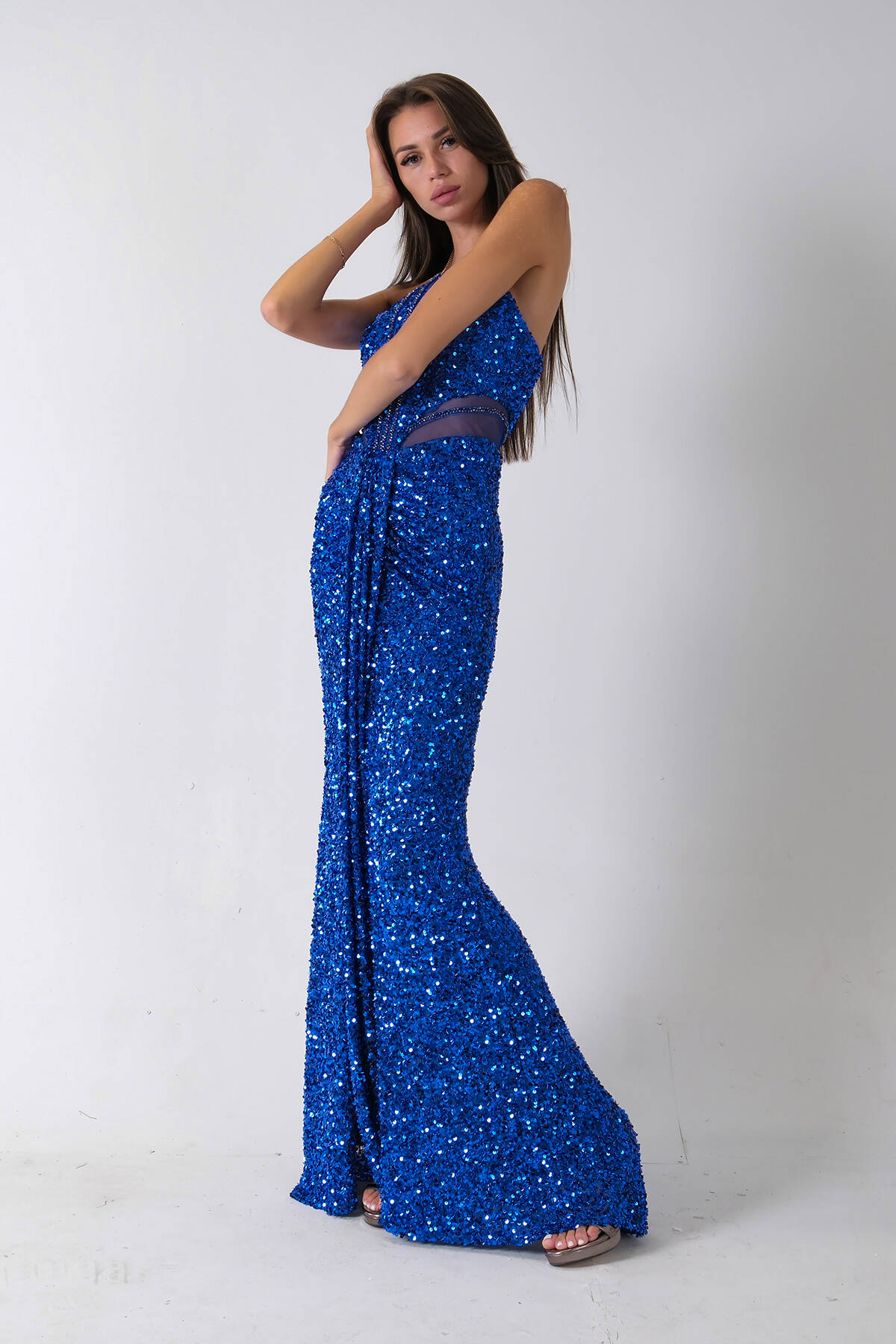 Saks Önü Taş Detaylı Yırtmaçlı Pul Payet Straplez Abiye 0801163.26 - Ardanewline (1)