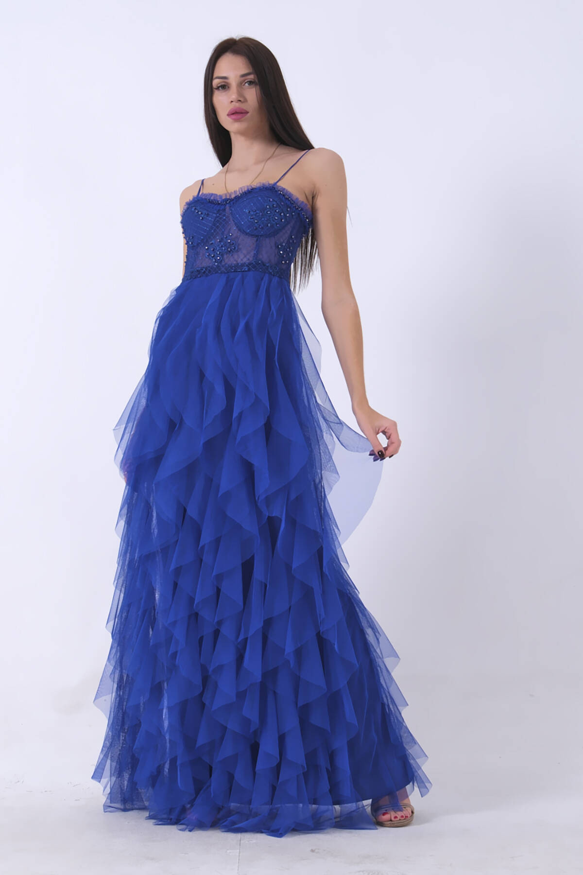 Saks Transparan Taşlı Eteği Fırfırlı Abiye 9705034.26 