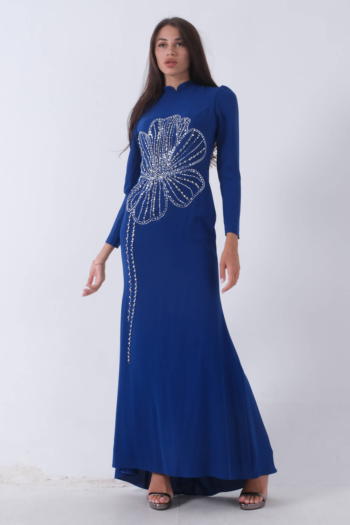 Saks Üzeri Çiçek Desen Boncuk Taş İşlemeli Tesettür Abiye 6502487.26