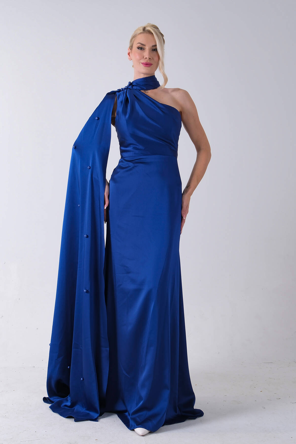 Saks Yaka Kuşak Detaylı Tek Omuz Abiye 0801099.26 Saks