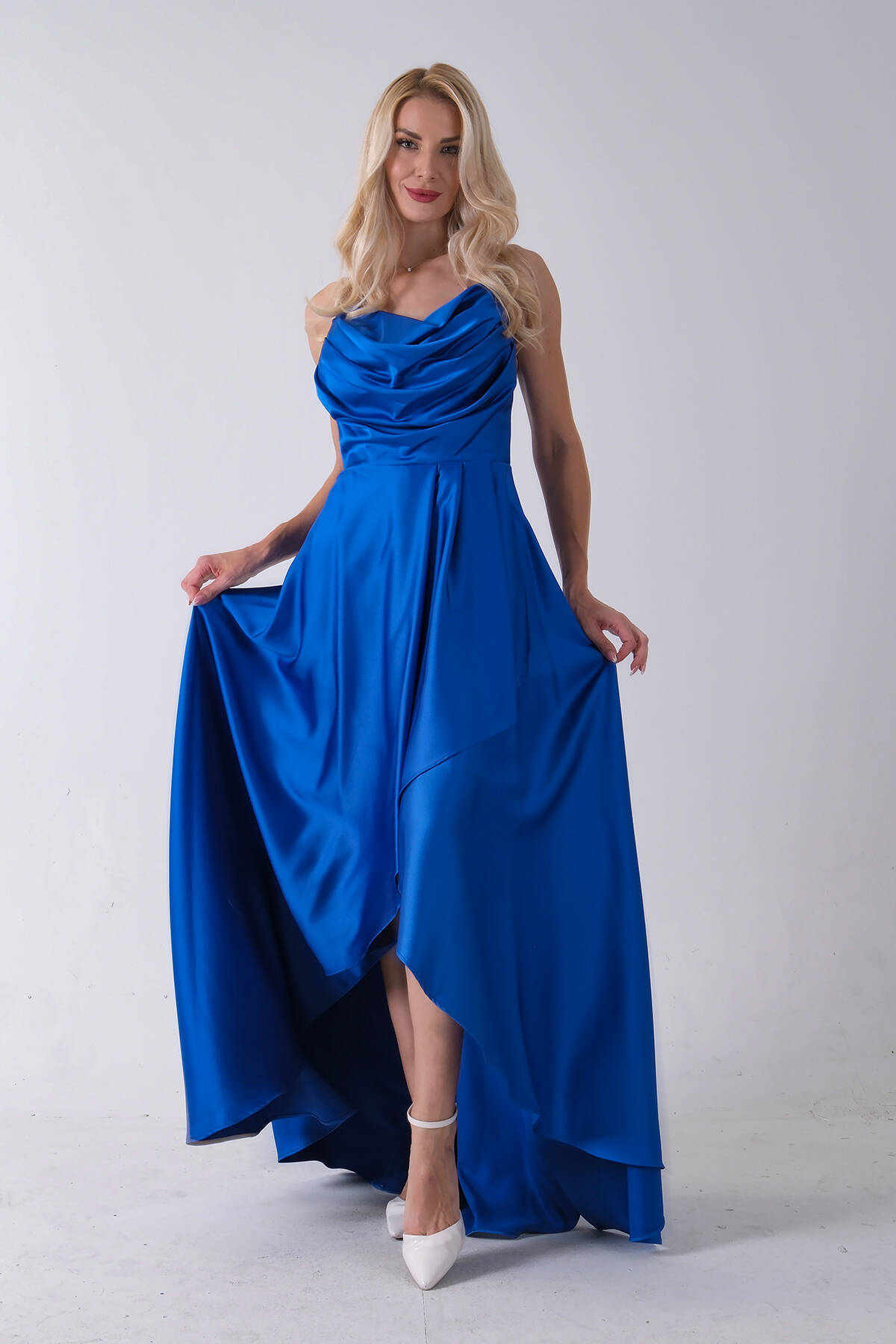 Saks Yırtmaç Detaylı Saten Abiye Elbise 4522348.26 