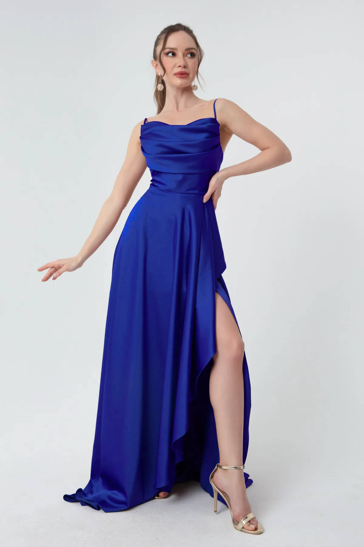 Saks Yırtmaç Detaylı Saten Abiye Elbise  4522348.26