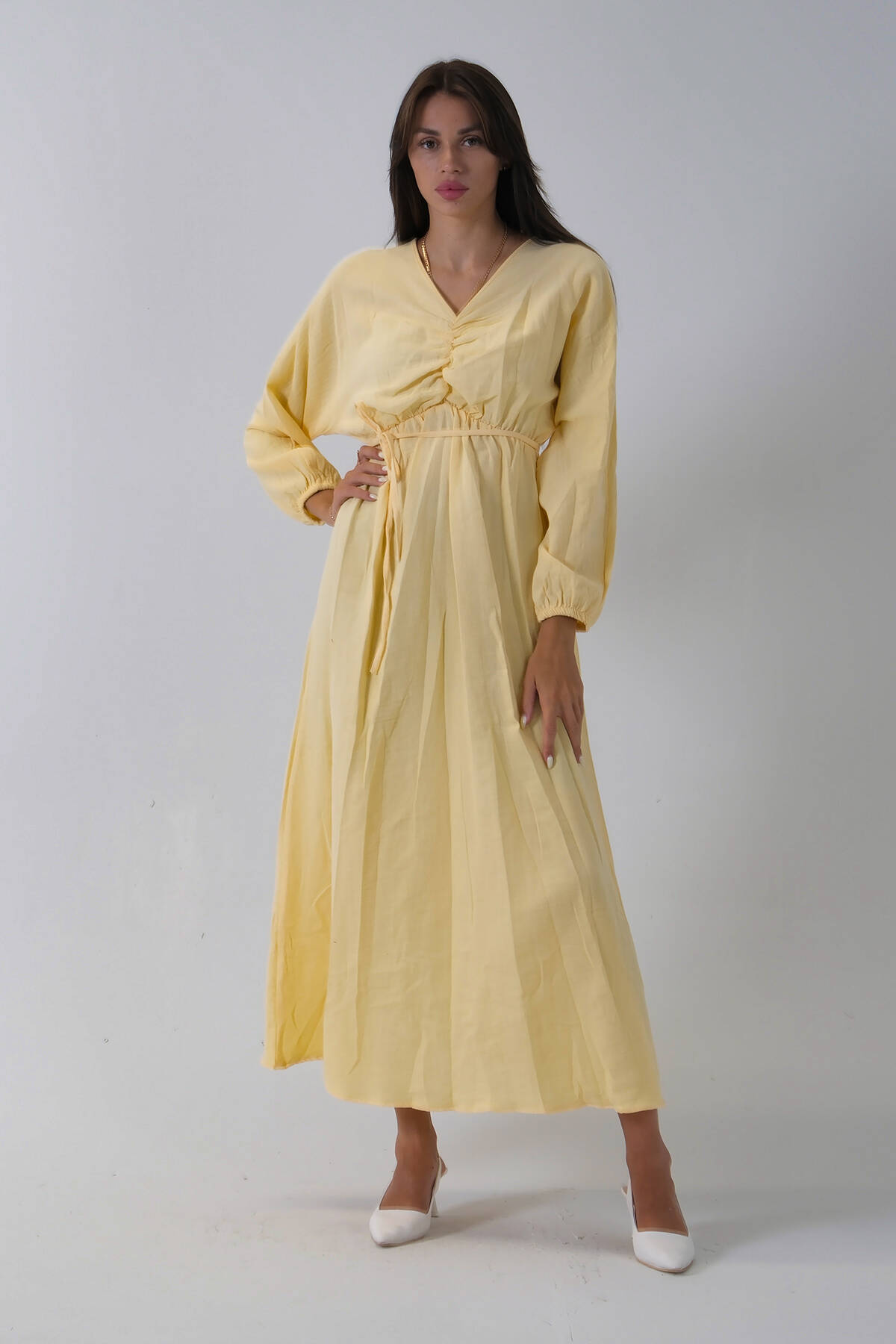 Sarı Beli Lastik Büzgülü V Yaka Bağlamalı Elbise 4593437.11 Sarı