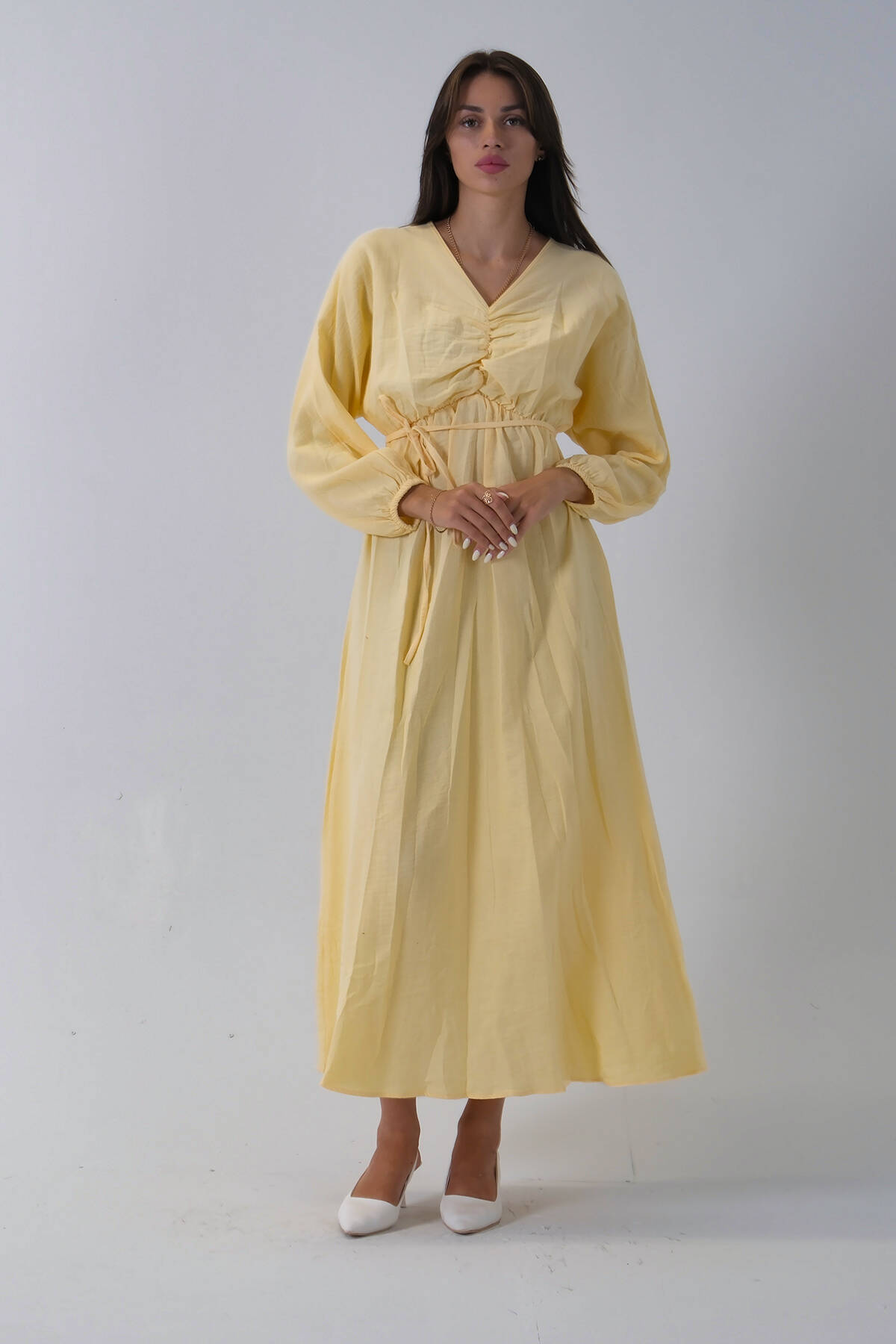 Sarı Beli Lastik Büzgülü V Yaka Bağlamalı Elbise 4593437.11 - Ardanewline (1)