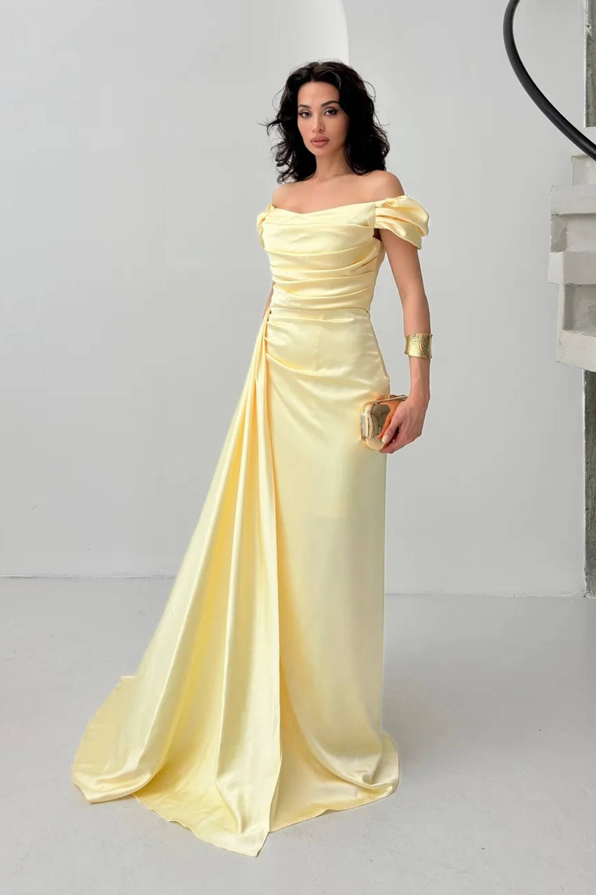 Sarı Drape Detaylı Saten Kumaş Abiye Elbise 9704858.11 Sarı