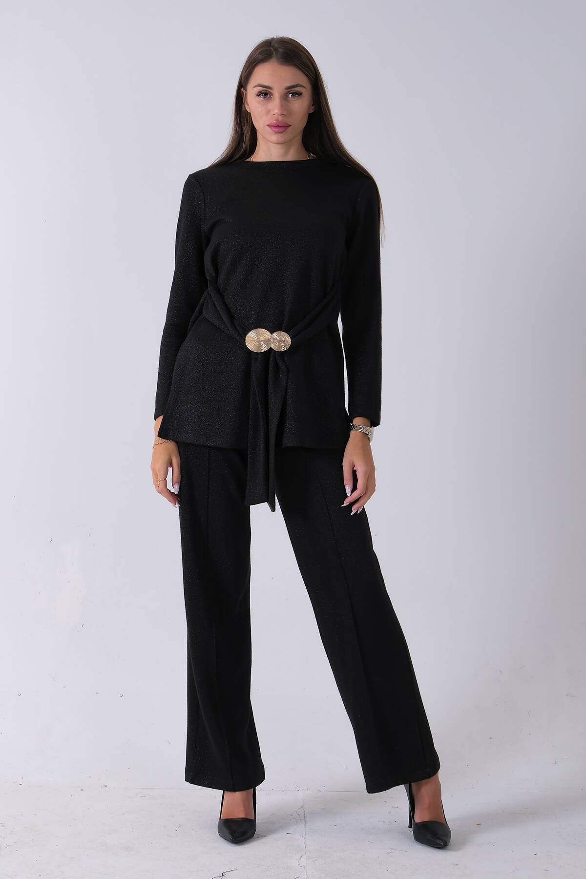 Siyah Altın Toka Detaylı Pantolonlu Takım 4577282.01 Siyah