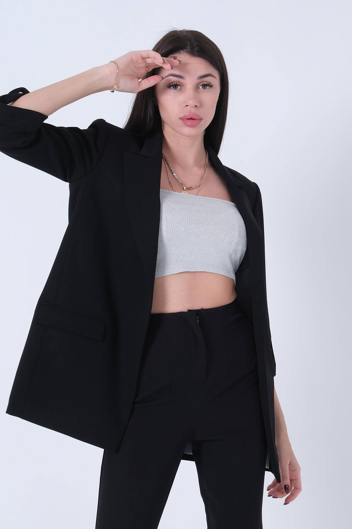 Siyah Astarlı Kolları Düğme Toparlamalı Ceket 0105136.01 