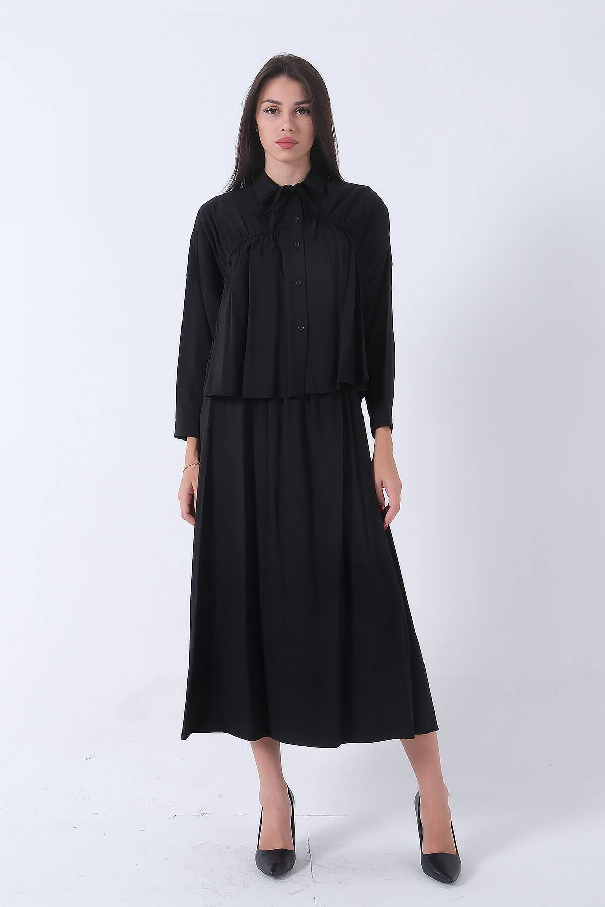 Siyah Bel Bağlama Detaylı Etekli Rahat Takım 422138.01 