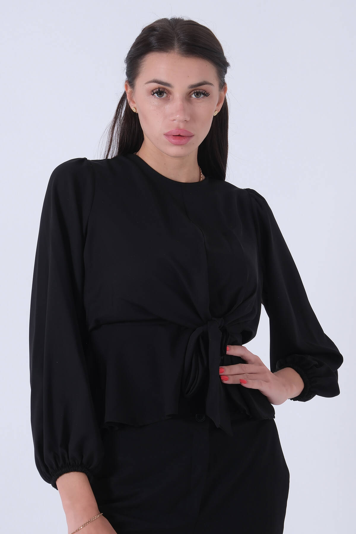 Siyah Beli Bağlama Detaylı Bluz 0806546.01 