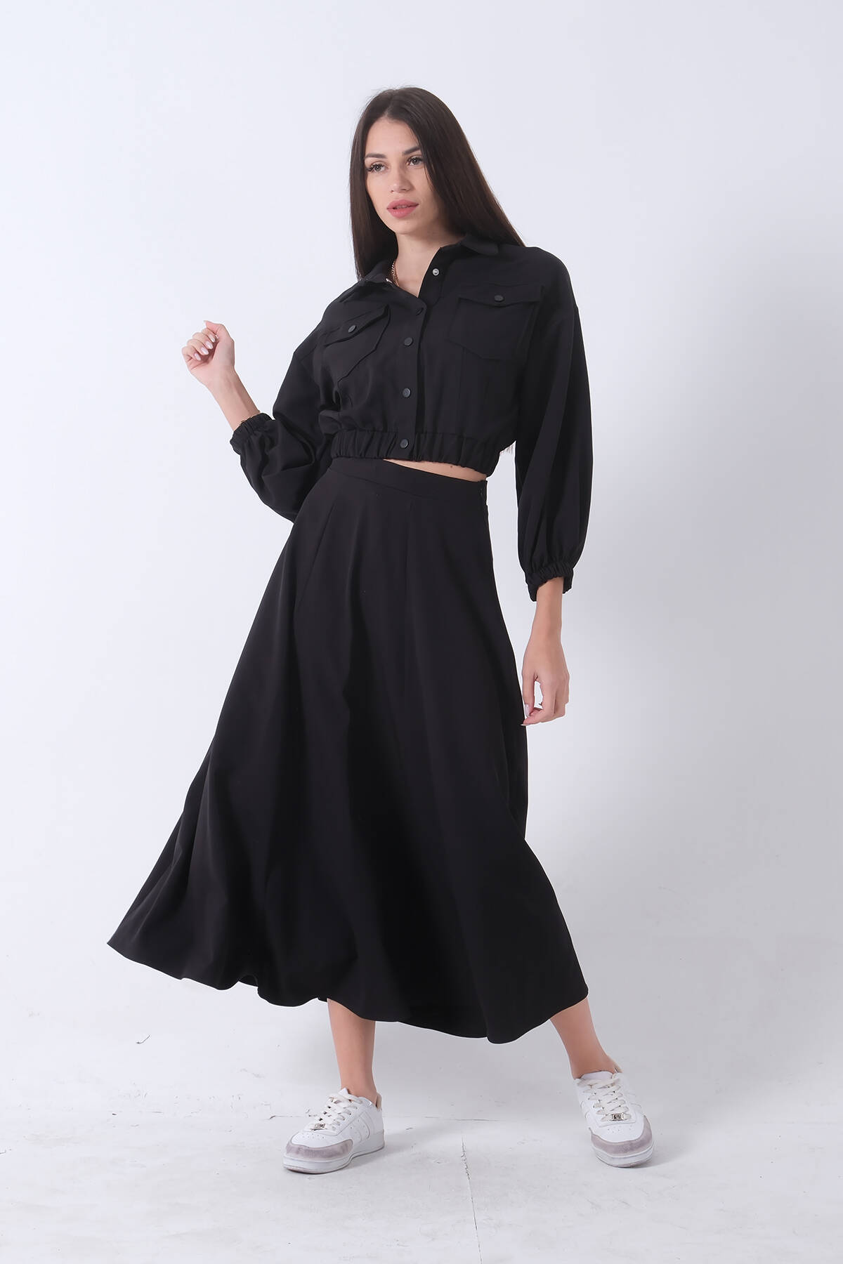 Siyah Beli Lastikli Cepli Ceket ve Etek İkili Takım 4595053.01 