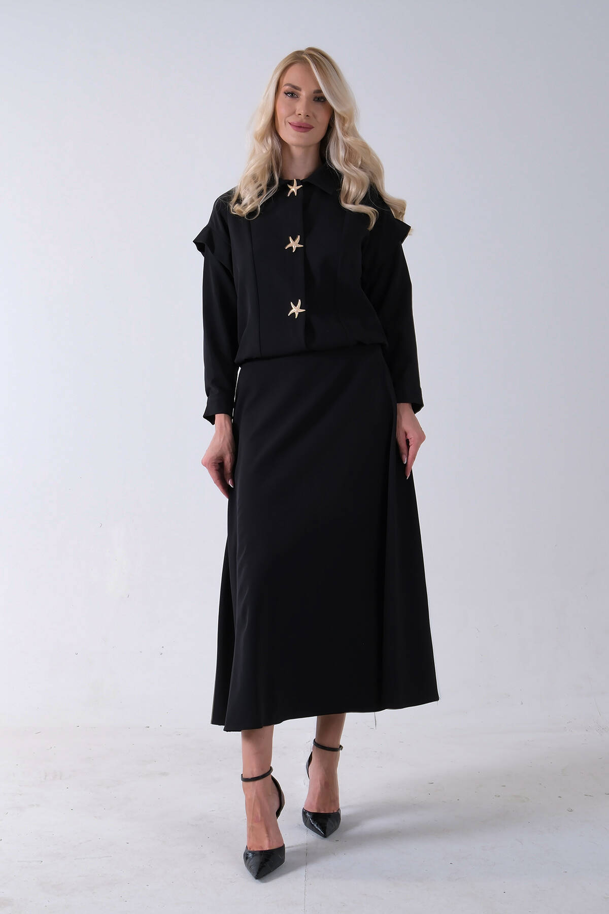 Siyah Beli Lastikli Deniz Yıldızı Çıt Çıt Kapamalı Ceket Detaylı Etekli Takım 4592269.01 Siyah