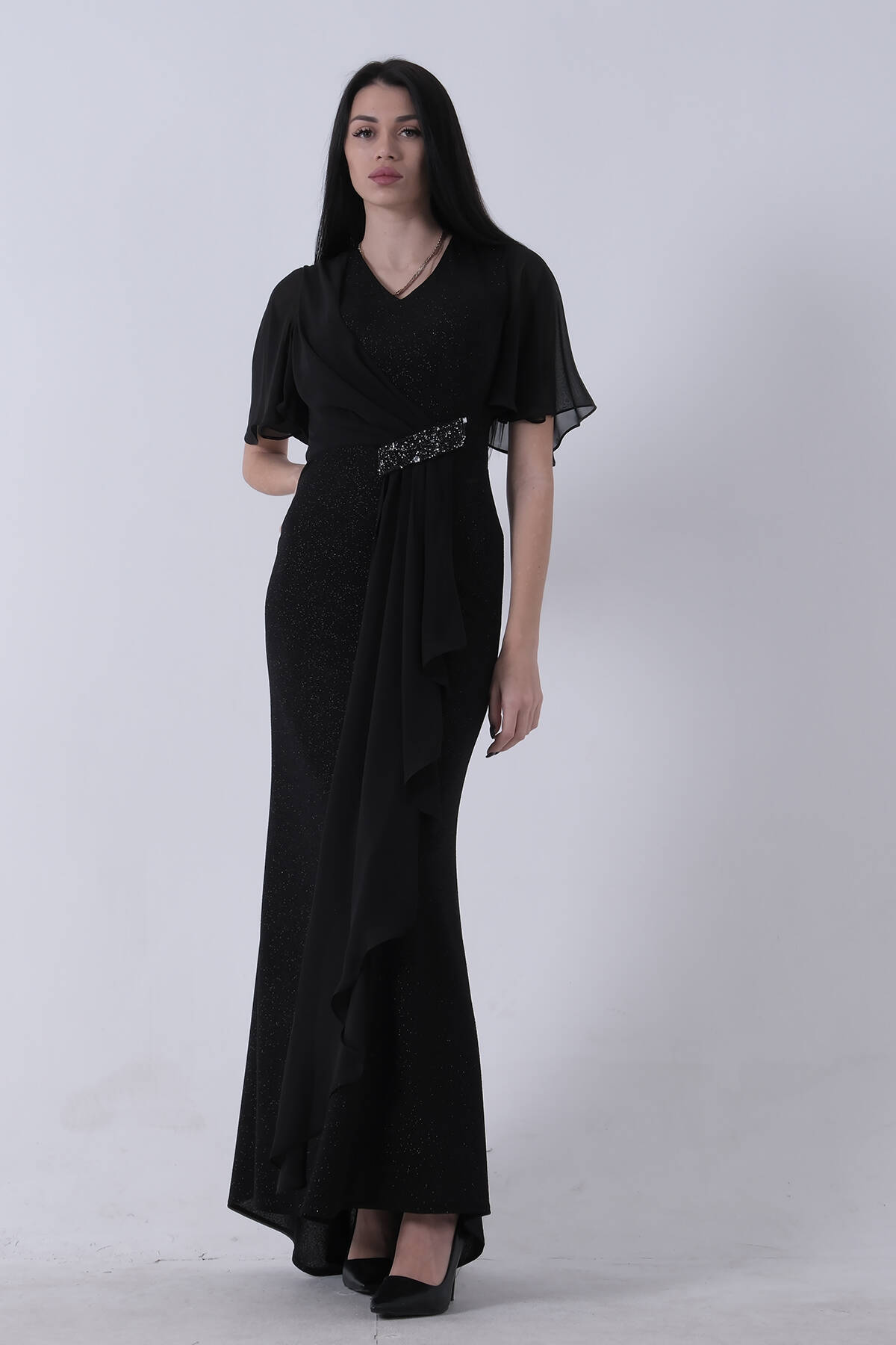 Siyah Beli Taş Detaylı Yarım Kol Tesettür Abiye 08061271.01 