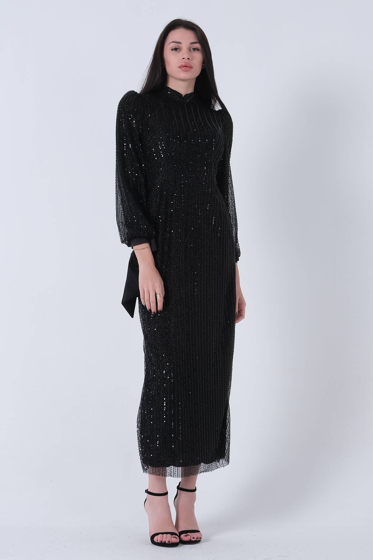 Siyah Bilek Ucu Saten Kurdele Pullu Tesettür Abiye 6502471.01 - Ardanewline (1)