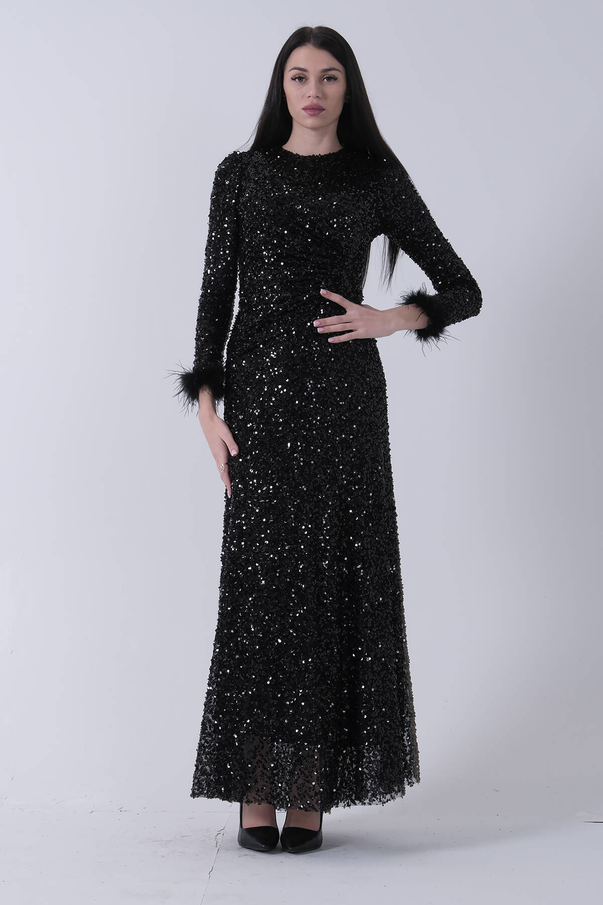 Siyah Bilek Ucu Tüylü Pul Payetli Tesettür Abiye 6502496.01 - Ardanewline (1)