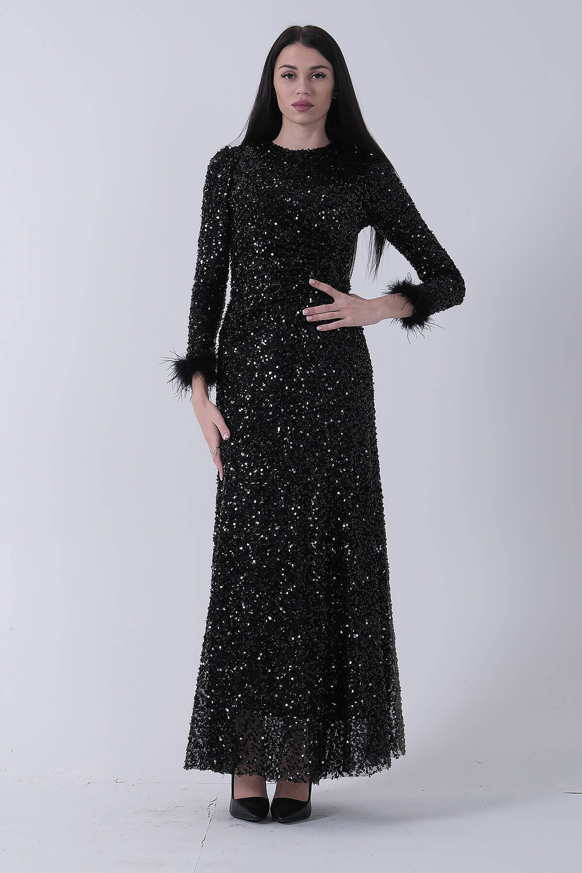 Siyah Bilek Ucu Tüylü Pul Payetli Tesettür Abiye 6502496.01 - Ardanewline (1)