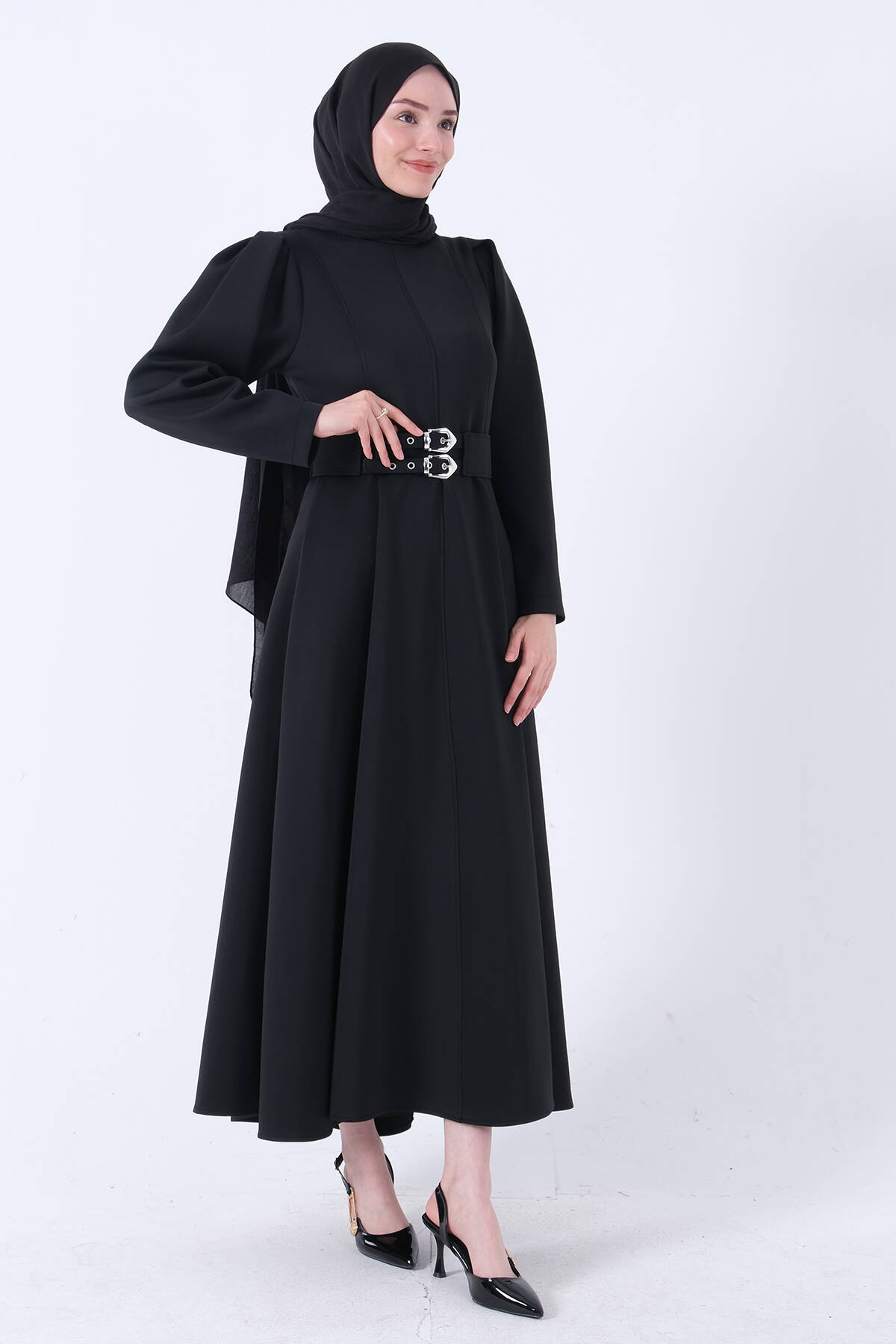Siyah Bisiklet Yaka Kemerli Scuba Elbise 4593509.01 - Ardanewline
