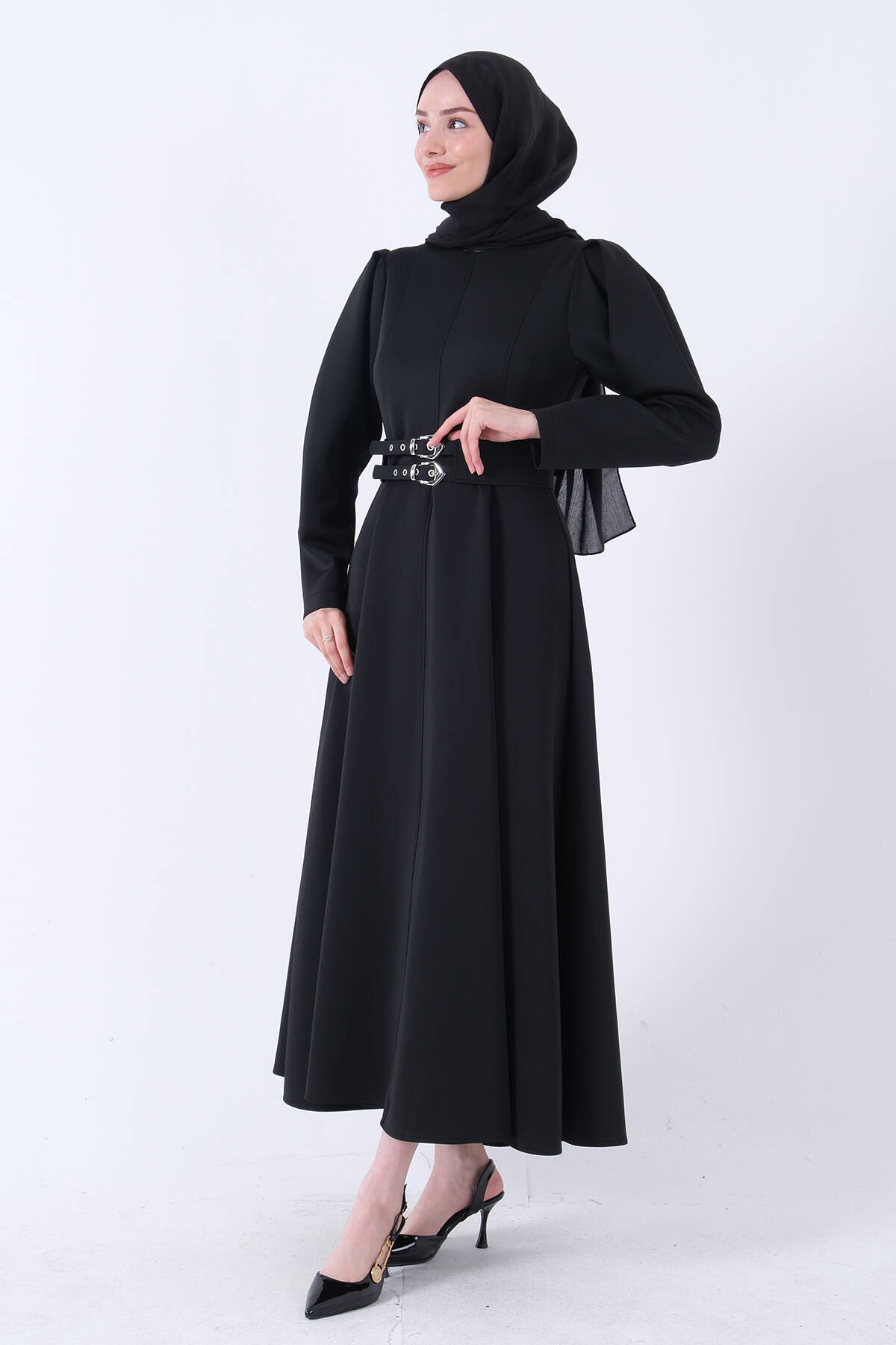 Siyah Bisiklet Yaka Kemerli Scuba Elbise 4593509.01 - Ardanewline (1)