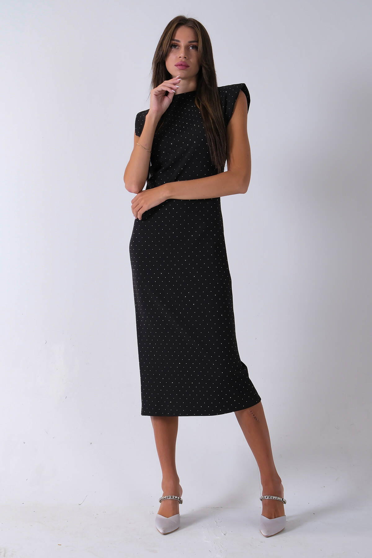 Siyah Büzgülü Üzeri Taş Detaylı Elbise 03050336.01 Siyah