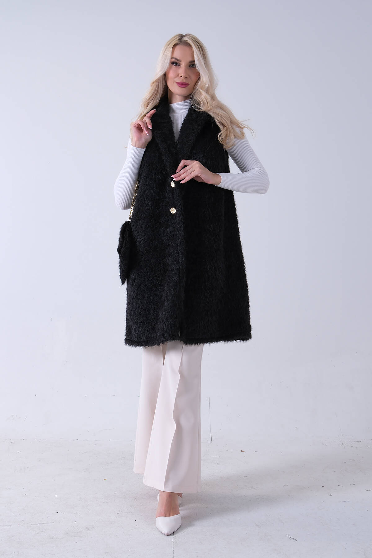 Siyah Çanta Aksesuarlı Tek Düğmeli Yün Yelek 31070199.01 - Ardanewline