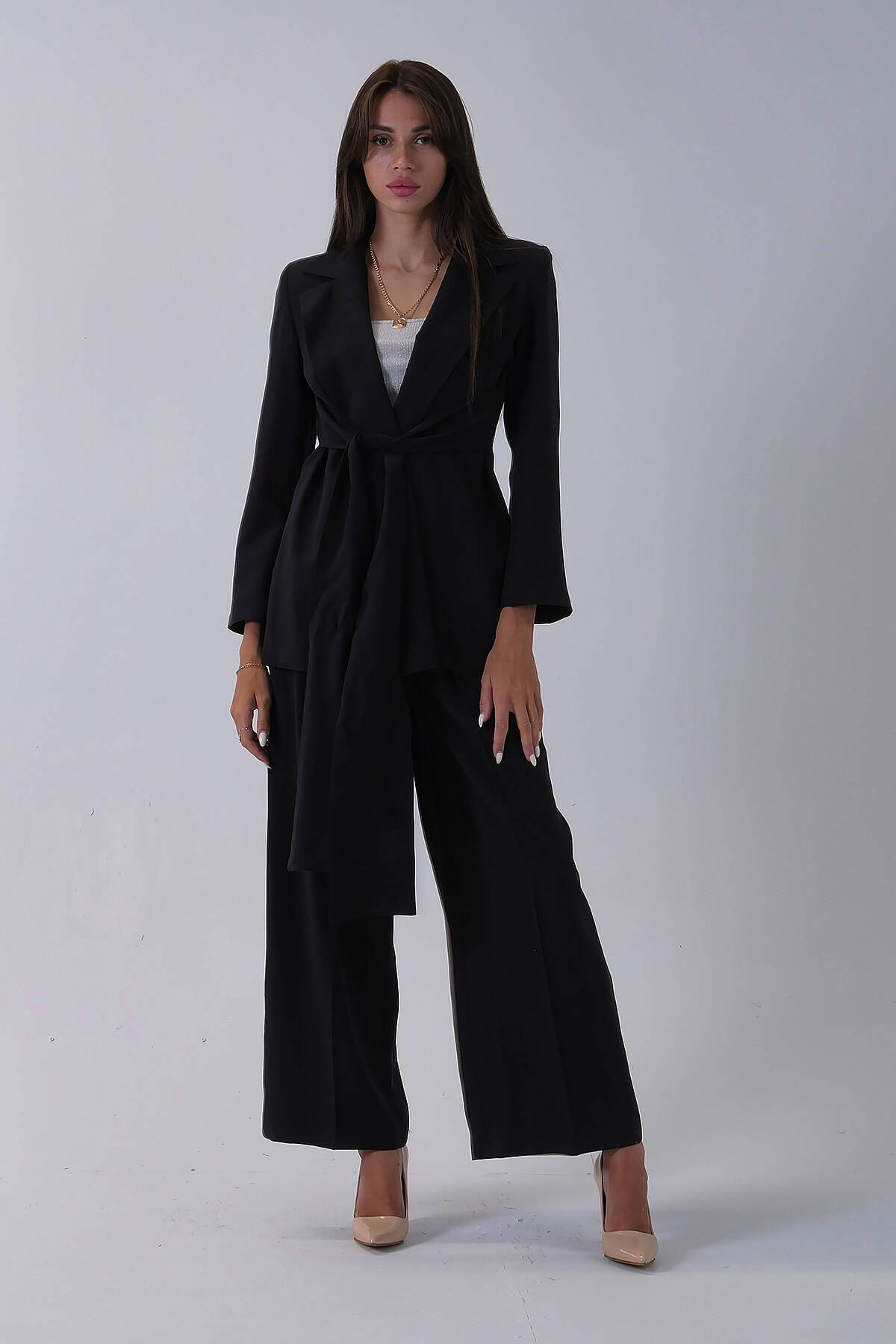 Siyah Ceket Kuşak Bağlama Detaylı Pantolonlu Takım 0106327.01 Siyah