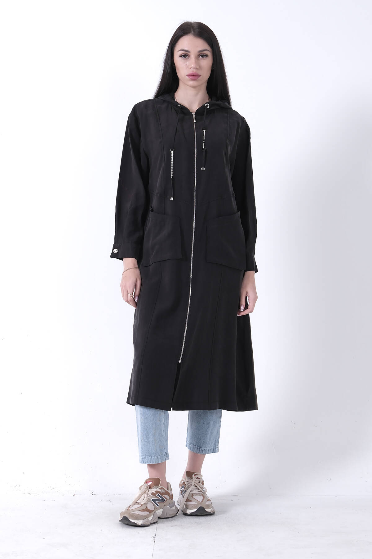 Siyah Çift Cep Detaylı Fermuar Kapamalı Kapüşonlu Kap 44510684.01 - Ardanewline