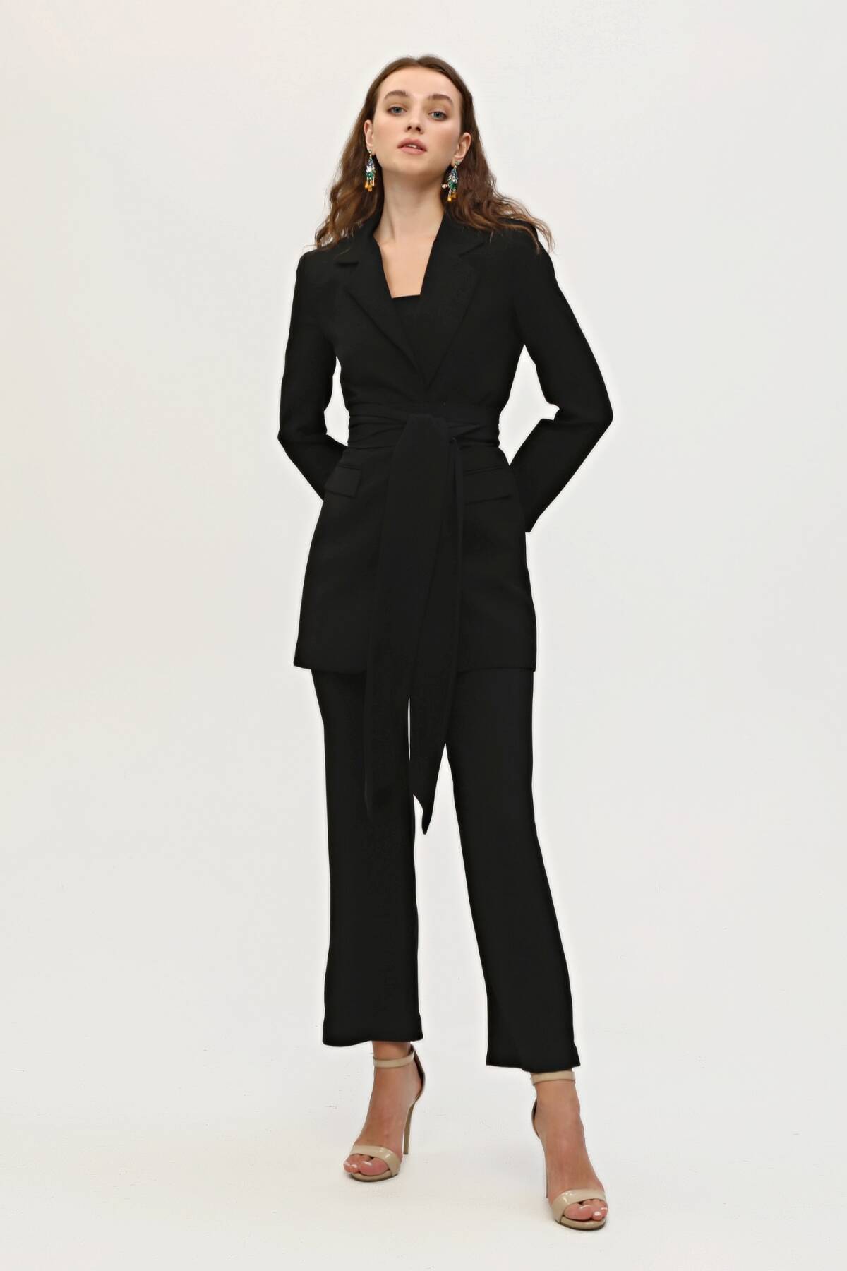 Siyah Crop Pantolon Ceket Üçlü Takım 0106308.01 