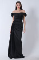 Siyah Drape Detaylı Saten Kumaş Abiye Elbise 9704858.01 