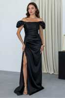 Siyah Drape Detaylı Saten Kumaş Abiye Elbise 9704858.01