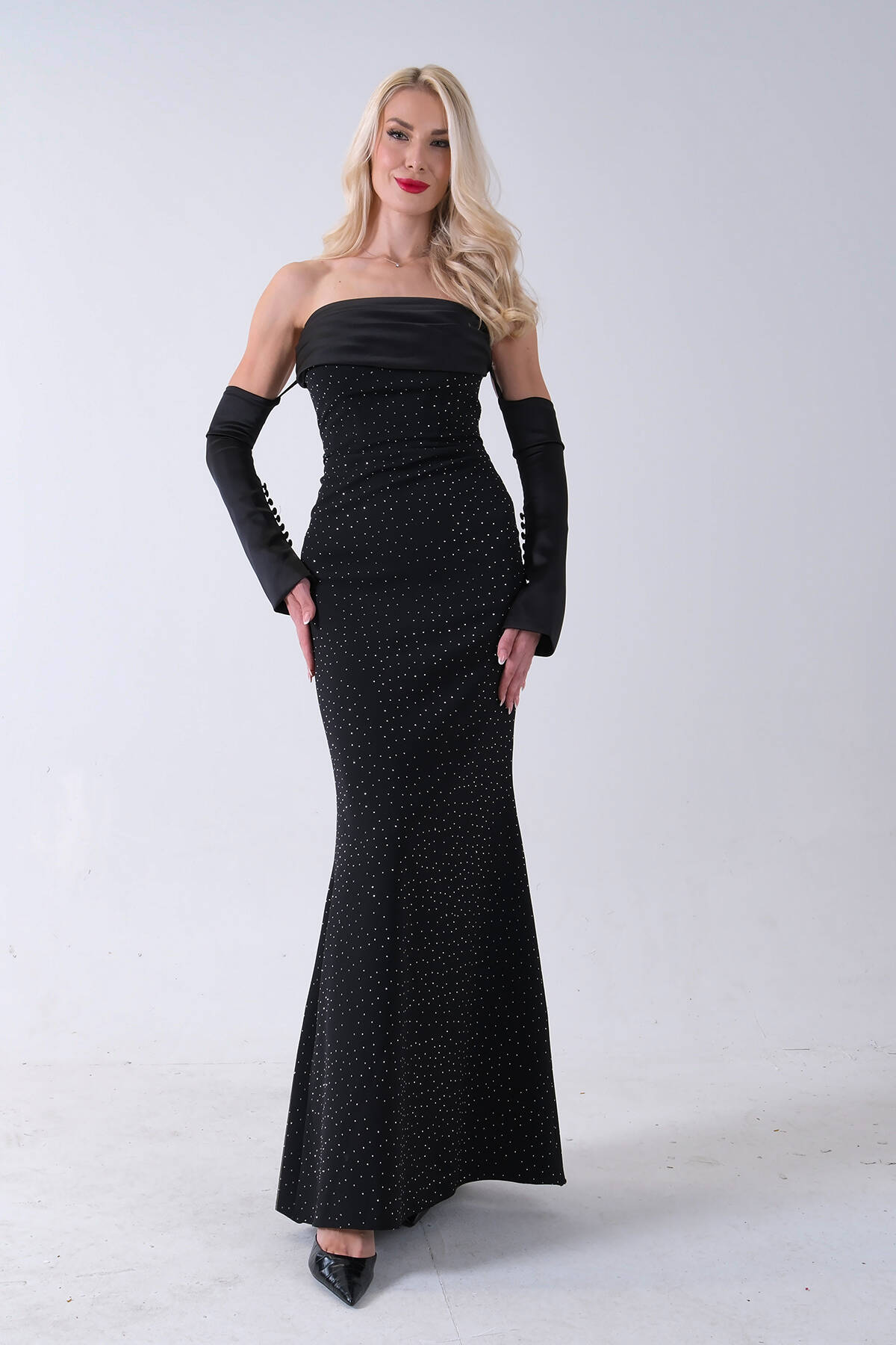 Siyah Drapeli Üzeri Işıltı Nokta Detaylı Kollu Abiye 0802502.01 Siyah