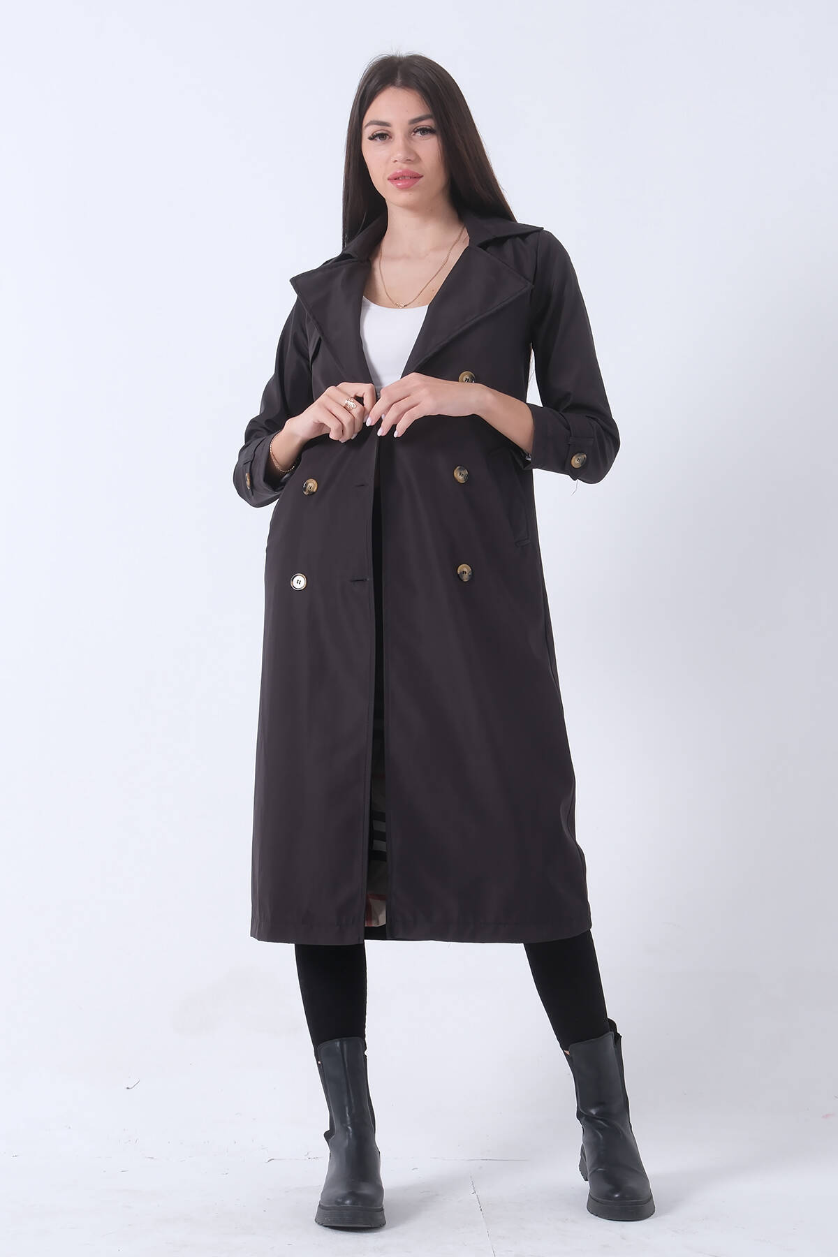 Siyah Ekose Astarlı Düğmeli ve Kemerli Trençkot 0204049.01 