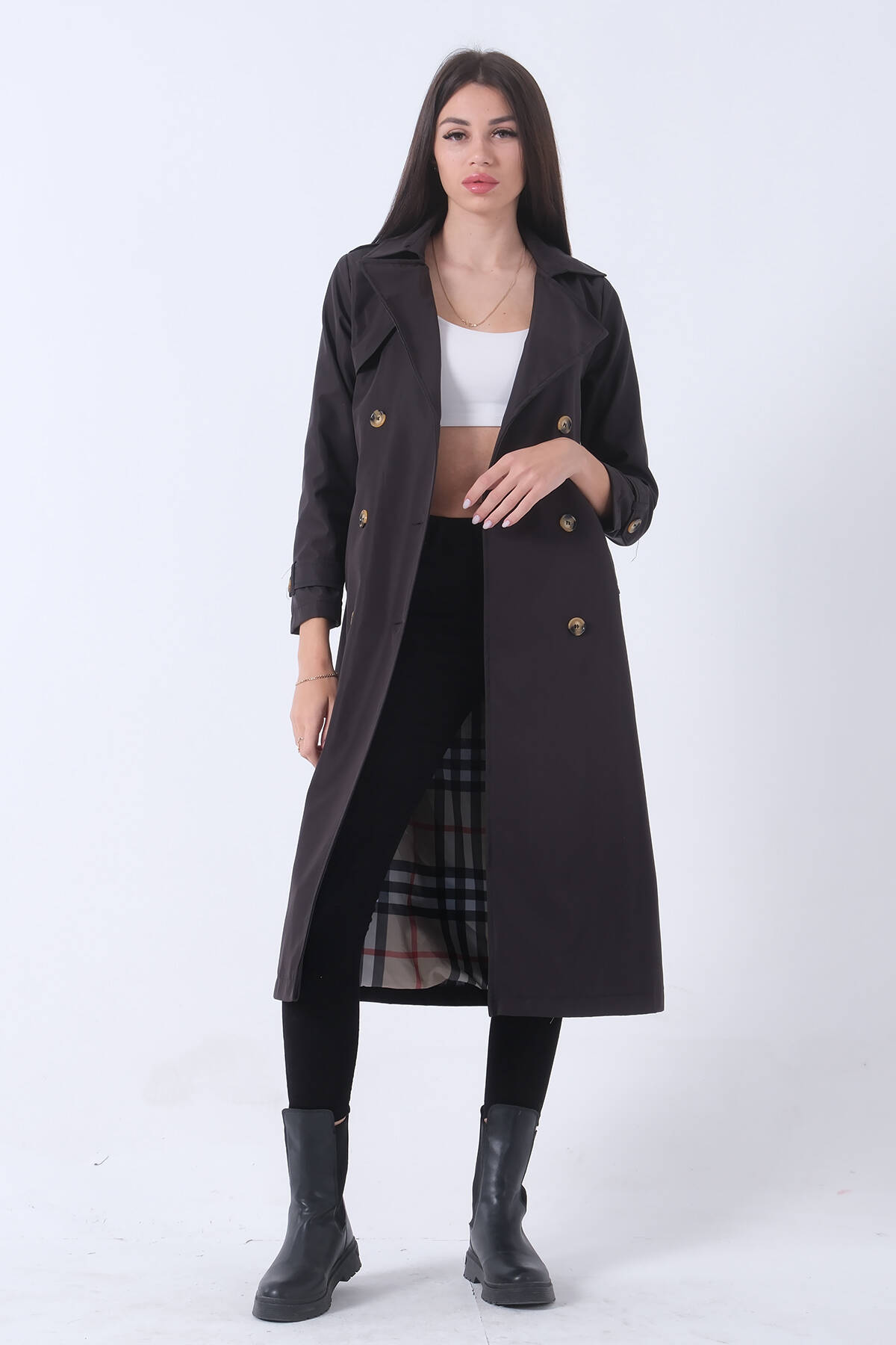 Siyah Ekose Astarlı Düğmeli ve Kemerli Trençkot 0204049.01 - Ardanewline (1)
