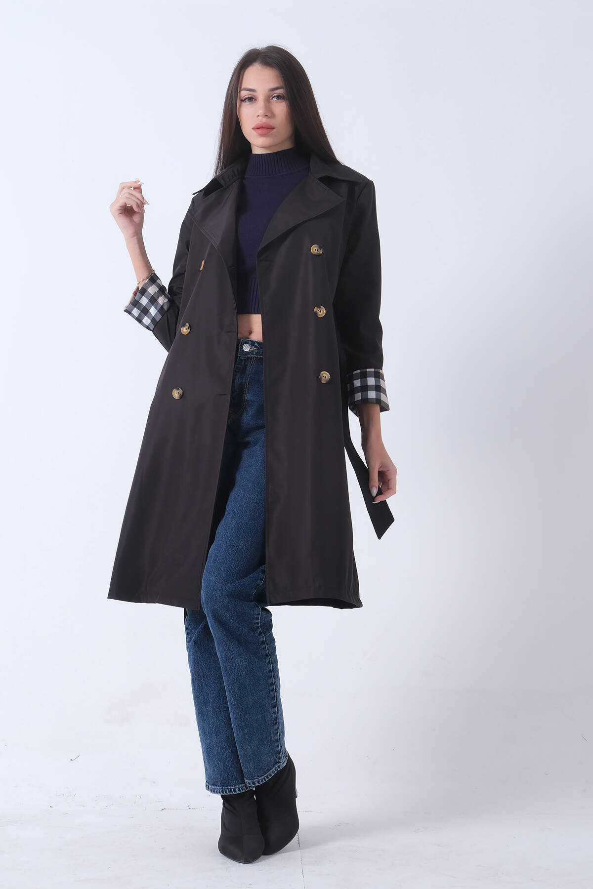 Siyah Ekose Detaylı Düğme ve Kuşaklı Trençkot 0202027.01 