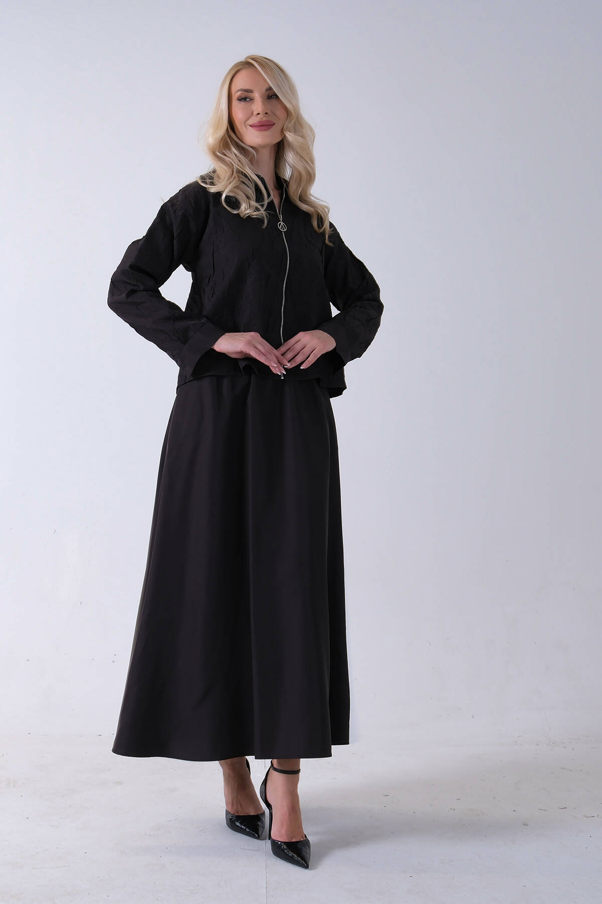 Siyah Fermuar Kapamalı Ceket Üzeri Desenli Etekli Takım 4577259.01 Siyah