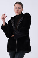 Siyah Fermuarlı Oversize Kapüşonlu Çift Cepli Peluş Mont 0108078.01 